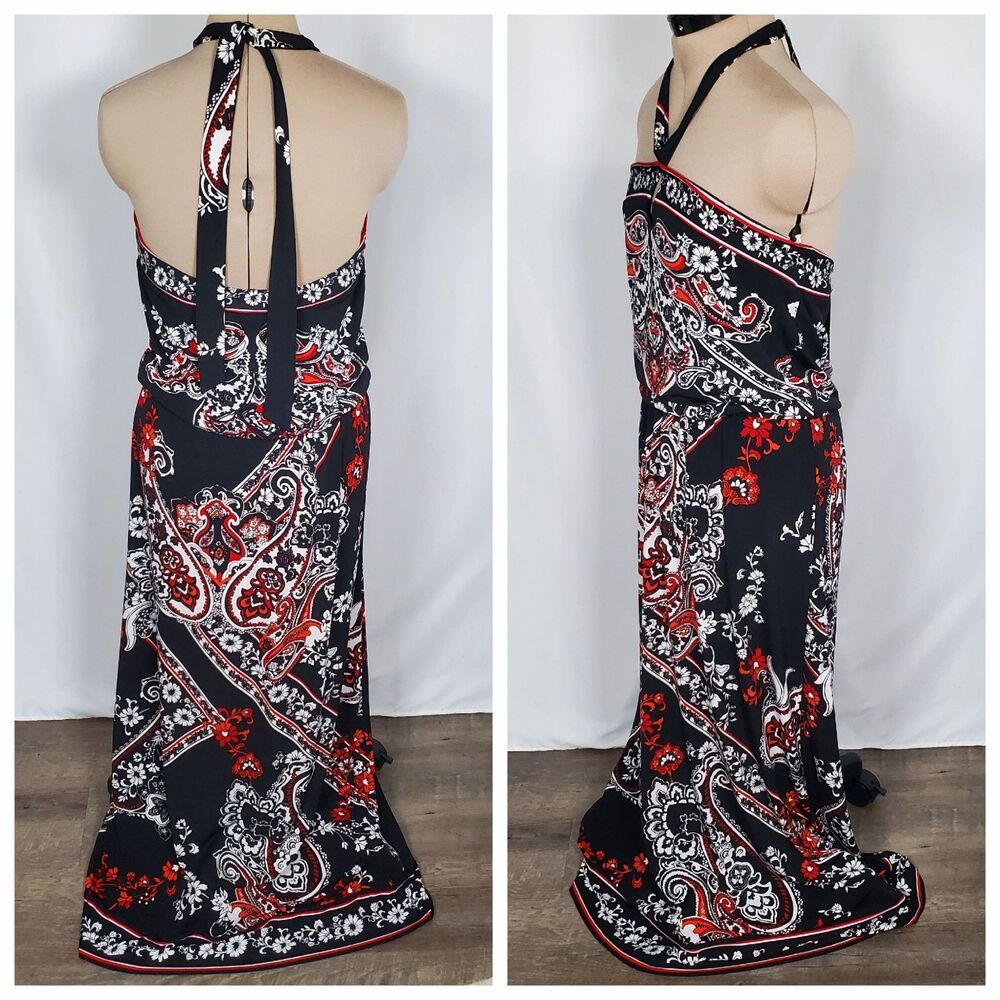 White House Black Market Women's Maxi Dress Small Red Black Halter Back WHBM